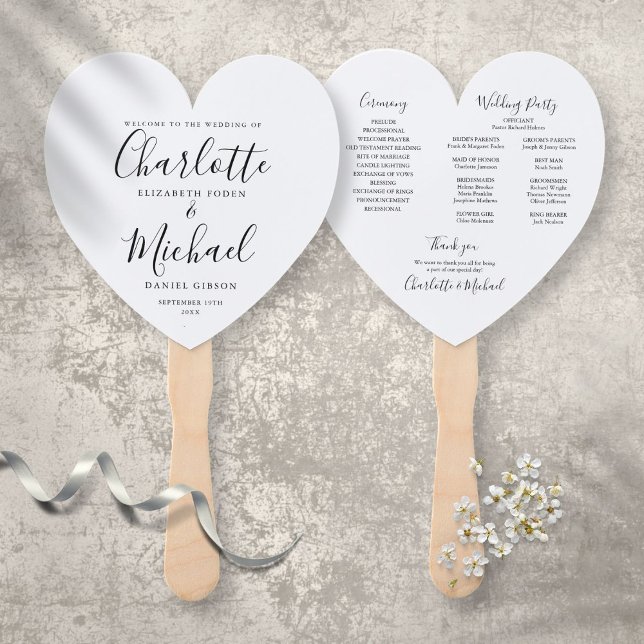 Leque Programa de Casamento Moderno Preto e Branco Coraç (Criador carregado)