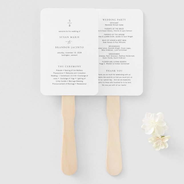 Leque Programa de Casamento Moderno Preto e Branco Limpo (Frente e Verso)
