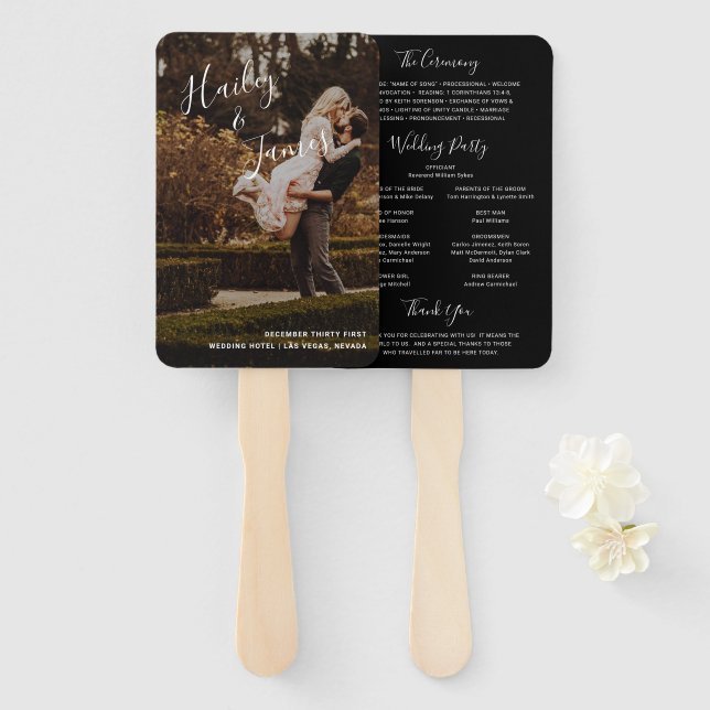 Leque Programa de Casamento Moderno Preto Elegante em Fo (Frente e Verso)