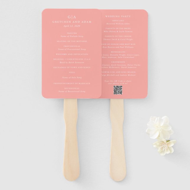 Leque Programa de Casamento Moderno Rosa Coral Elegante (Frente e Verso)