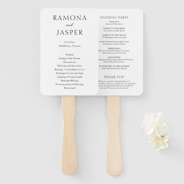 Leque Programa de Casamento Moderno Simples Preto e Bran (Frente e Verso)