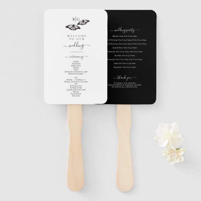 Leque Programa de Casamento Monograma Borboleta Preto Br (Frente e Verso)