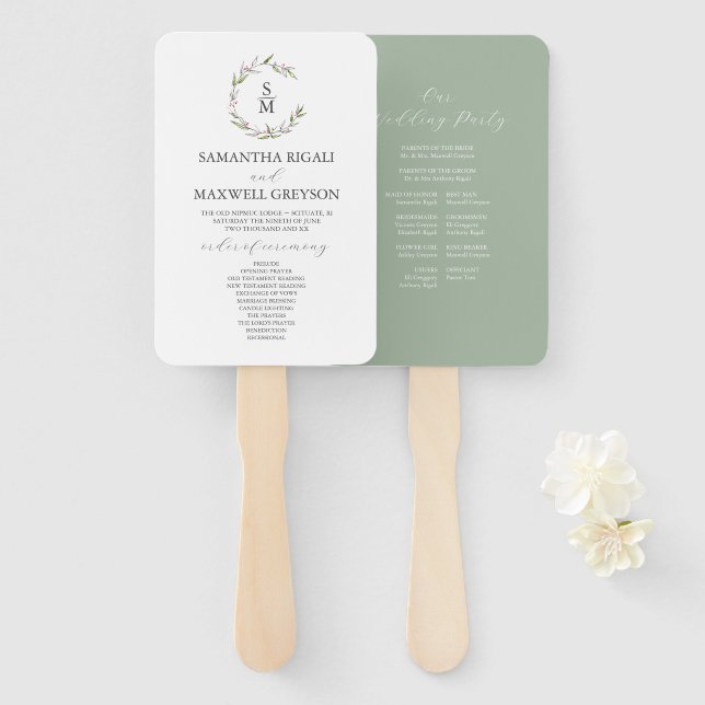 Leque Programa de Casamento Monograma Crista Folhosa em  (Frente e Verso)