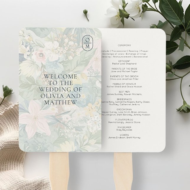 Leque Programa de Casamento Monograma Floral Aquarela (Criador carregado)