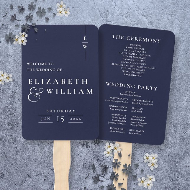 Leque Programa de Casamento Monograma Minimalista Azul M (Navy Blue Minimalist Monogram Wedding Program Hand Fan)