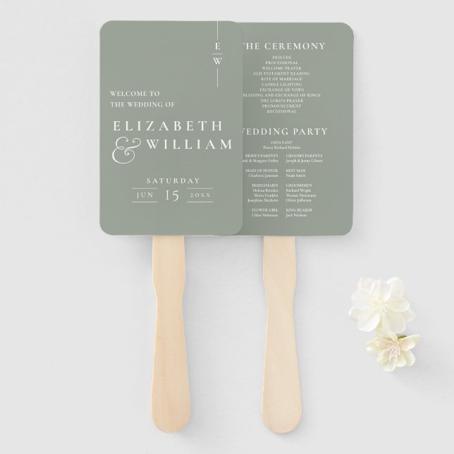 Leque Programa de Casamento Monograma Minimalista Verde  (Frente e Verso)