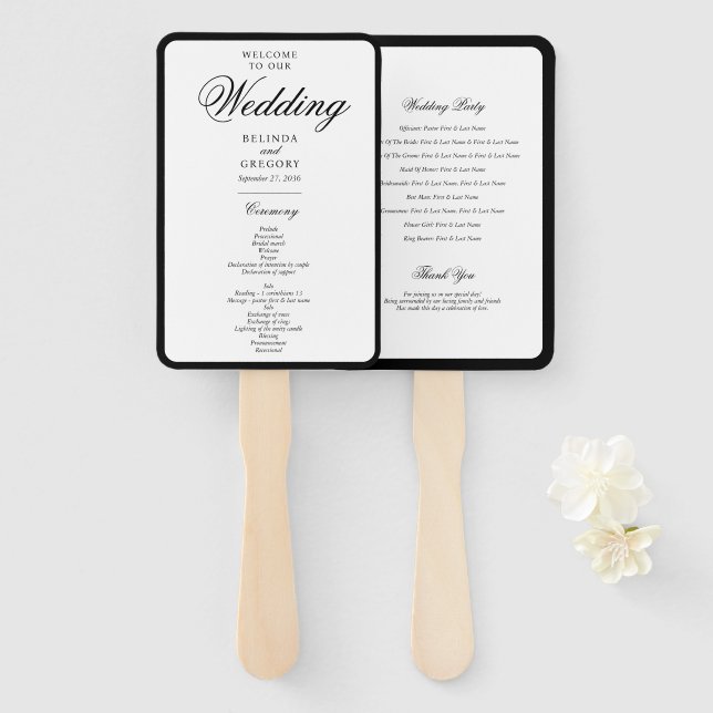 Leque Programa de Casamento Monograma Preto Branco Elega (Frente e Verso)