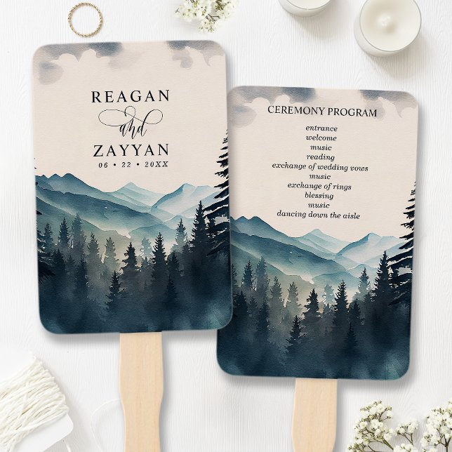 Leque Programa de Casamento Montanha Pinheiro Aquarela (Criador carregado)