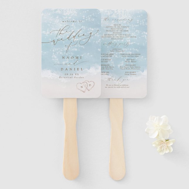 Leque Programa de Casamento na Praia com Corações em Scr (Frente e Verso)