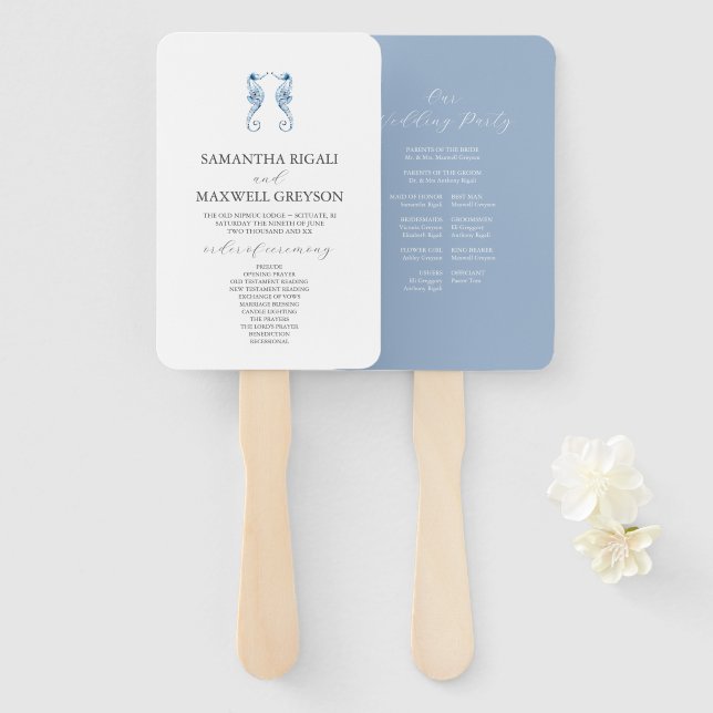 Leque Programa de Casamento na Praia Dusty Blue | Cavalo (Frente e Verso)