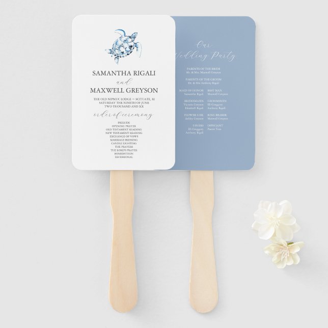 Leque Programa de Casamento na Praia em Azul Poeirento (Frente e Verso)