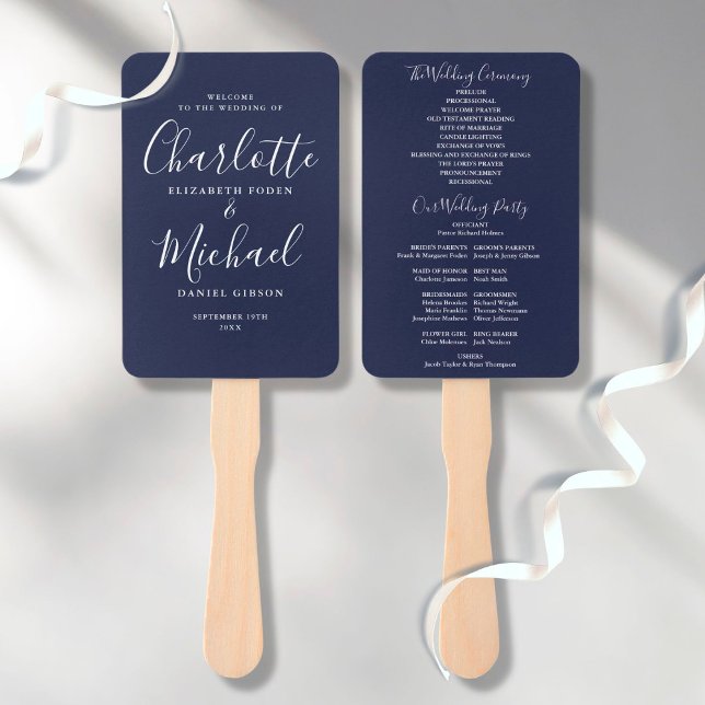Leque Programa de Casamento Navy Blue Elegante Assinatur (Criador carregado)