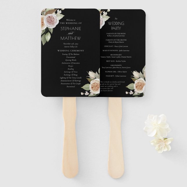 Leque Programa de Casamento Negra Floral de Rosa de Pêss (Frente e Verso)