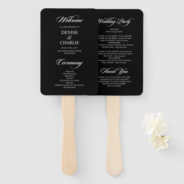 Leque Programa de Casamento Negro de Caligrafia Minimali (Frente e Verso)