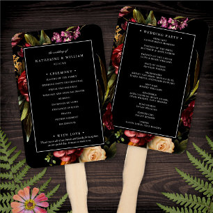 Leque Programa de Casamento Negro Floral Elegante Escuro
