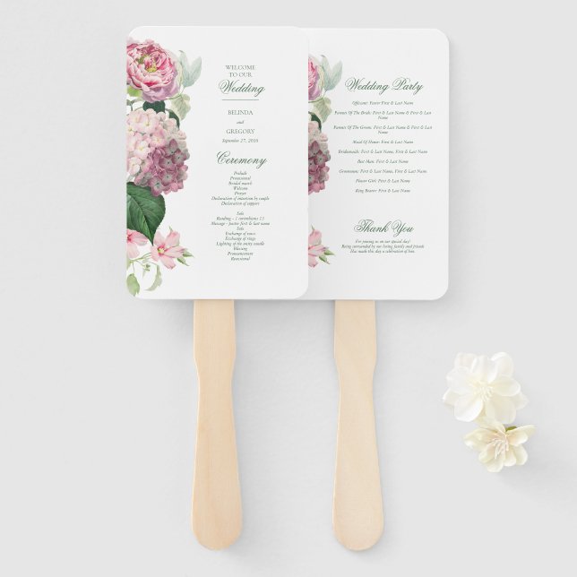 Leque Programa de Casamento no Jardim com Flores Rosas R (Frente e Verso)
