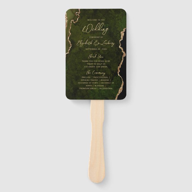 Leque Programa de Casamento Olive Green Gold Ágata Scrip (Frente)
