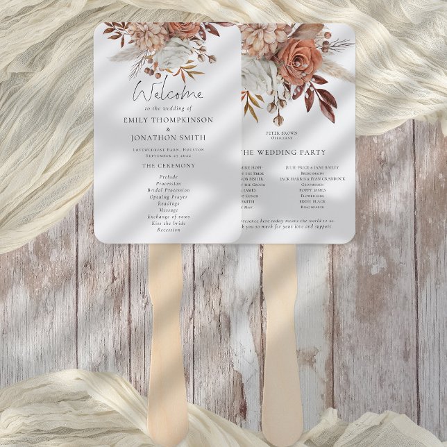 Leque Programa de Casamento outono Rustic Terracotta Flo (Wedding program fan, front and back view. part of the Terracotta Florals Collection)