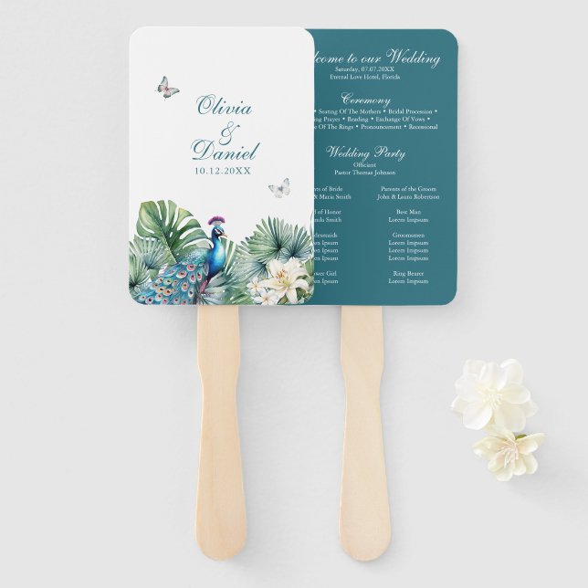 Leque Programa de Casamento Pavão com Flores Tropicais T (Frente e Verso)