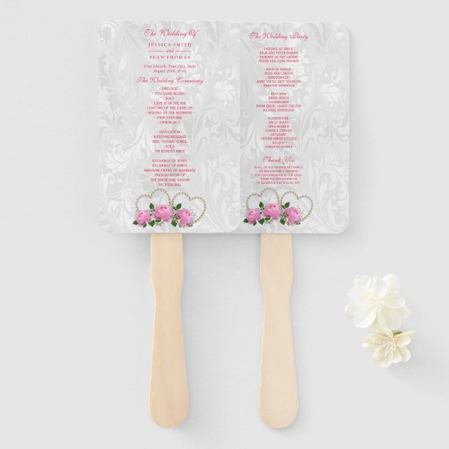 Leque Programa de Casamento Pearl Hearts & Roses Damask (Frente e Verso)