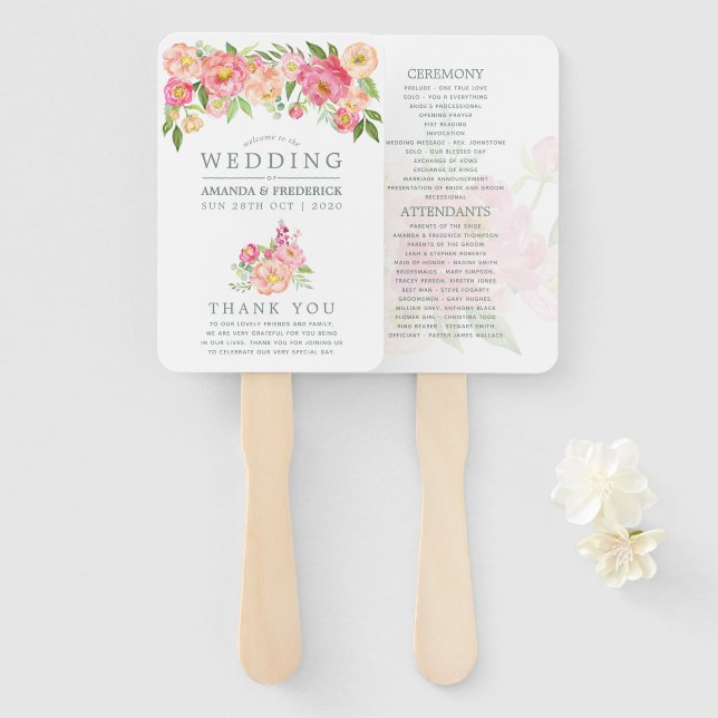 Leque Programa de Casamento Peônias Aquarela Primavera (Frente e Verso)
