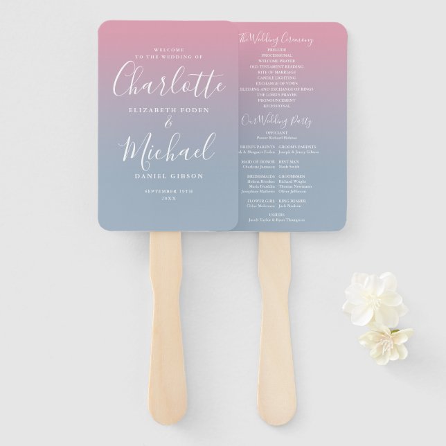 Leque Programa de Casamento Pink And Dusty Blue Ombre (Frente e Verso)