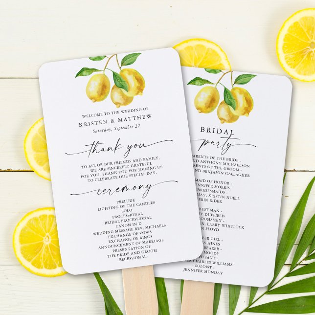 Leque Programa de Casamento por Aquarela de Limão (Squeeze the day! Cool off with this lemon-themed wedding program fan.)