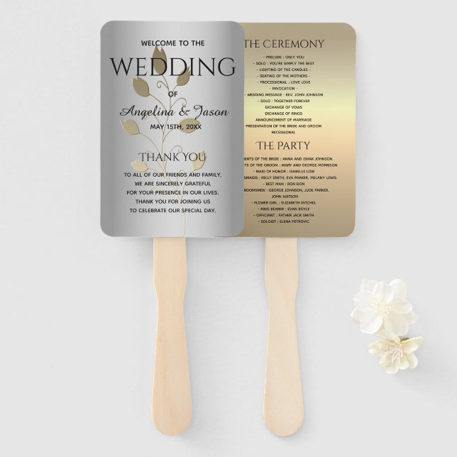 Leque Programa de Casamento Prata e Ouro (Frente e Verso)