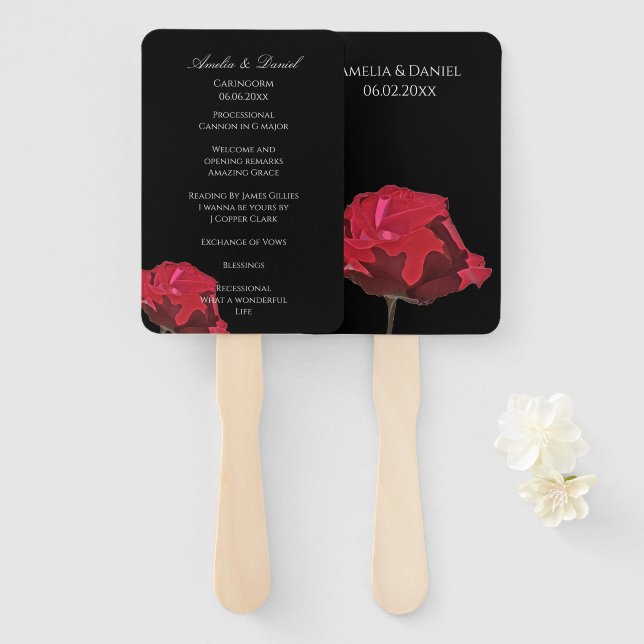 Leque Programa de Casamento Preto com Rosa Vermelha Góti (Frente e Verso)