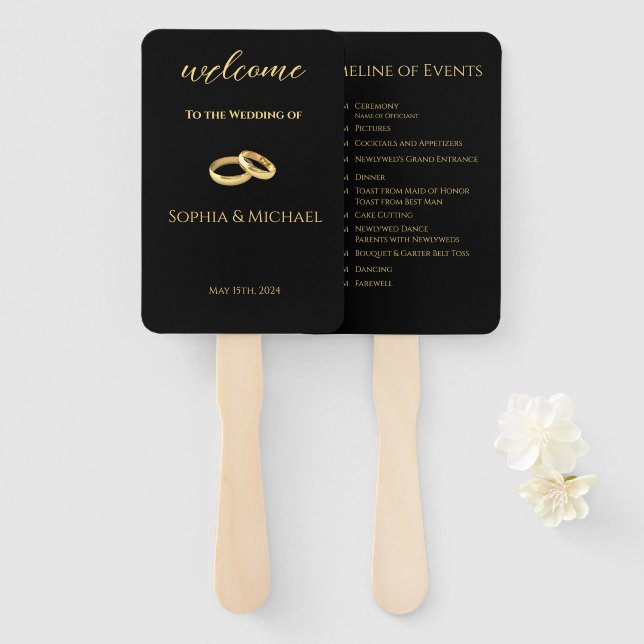 Leque Programa de Casamento - Preto e Dourado - (Frente e Verso)
