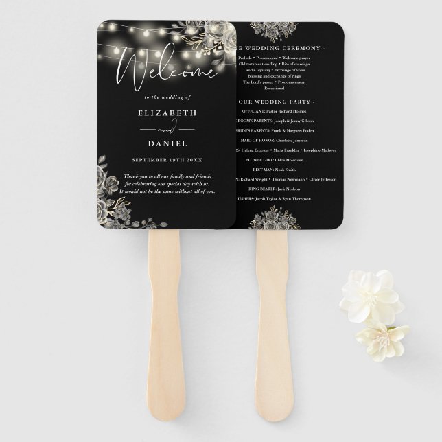 Leque Programa de Casamento Preto Floral Luzes Gótico (Frente e Verso)