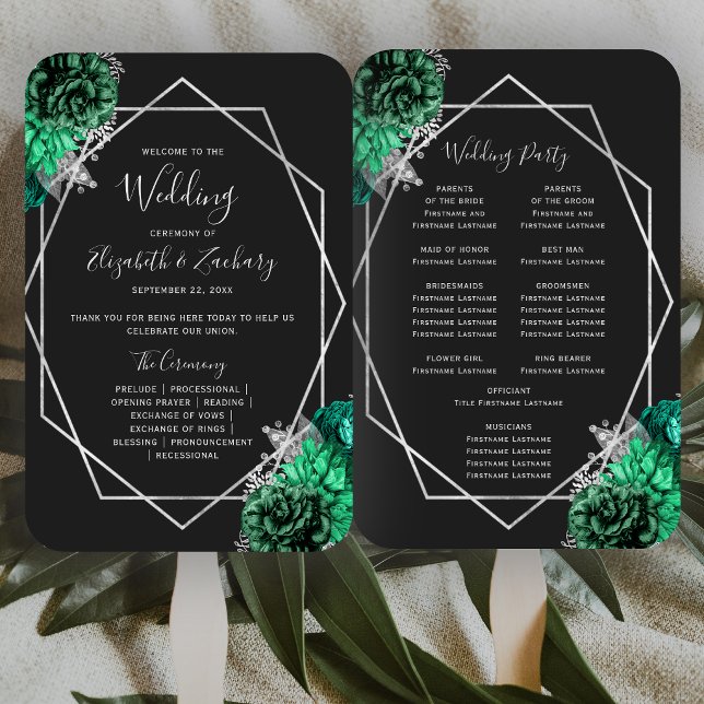 Leque Programa de Casamento Preto Floral Verde Esmeralda (Criador carregado)