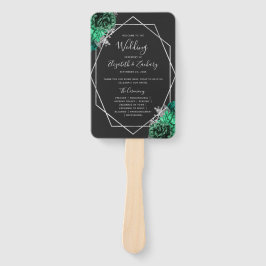 Leque Programa de Casamento Preto Floral Verde Esmeralda