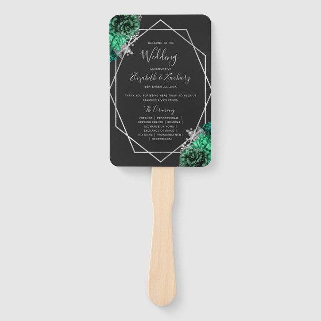 Leque Programa de Casamento Preto Floral Verde Esmeralda (Frente)