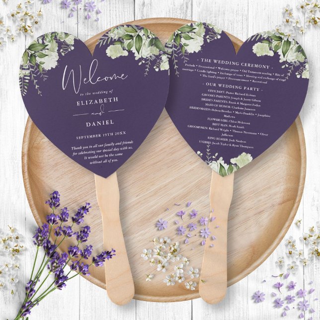 Leque Programa de Casamento Purple Greenery Heart (Purple Greenery Wedding Program Heart Hand Fan)