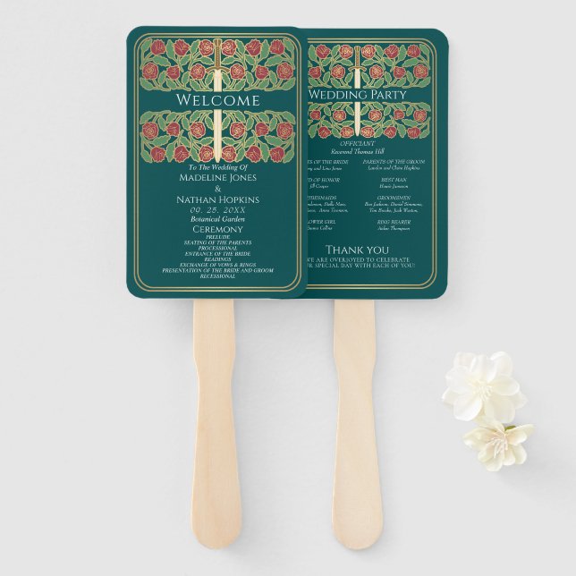 Leque Programa de Casamento Real Espada Floral Dourada T (Frente e Verso)