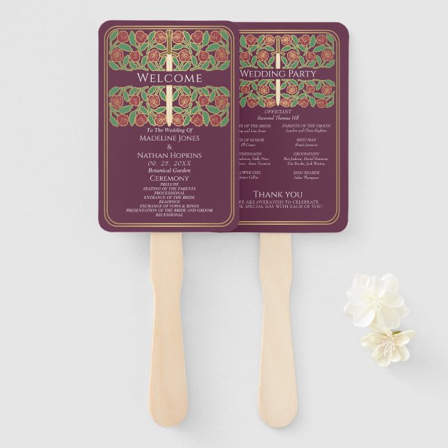 Leque Programa de Casamento Real Espada Floral Dourado M (Frente e Verso)
