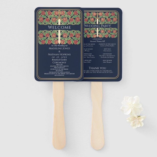 Leque Programa de Casamento Real Espada Floral Ouro Azul (Frente e Verso)