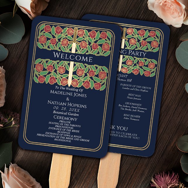 Leque Programa de Casamento Real Espada Floral Ouro Azul (Criador carregado)