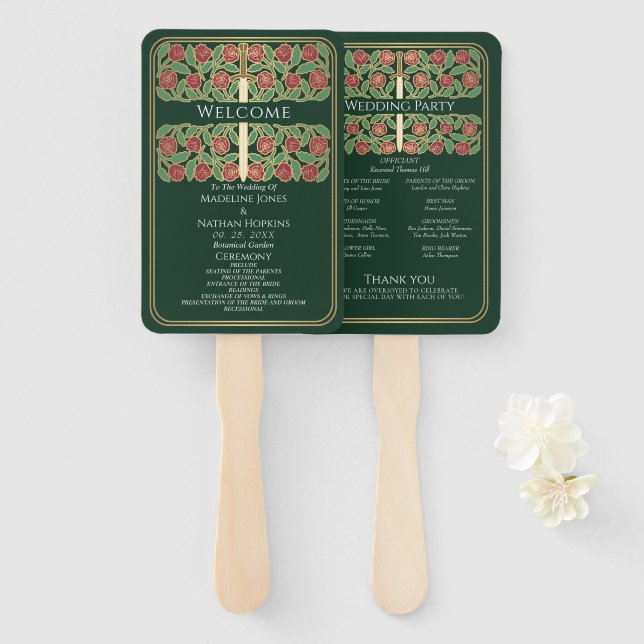 Leque Programa de Casamento Real Espada Floral Ouro Verd (Frente e Verso)