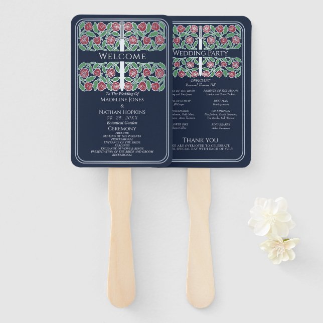 Leque Programa de Casamento Real Espada Floral Prata Azu (Frente e Verso)