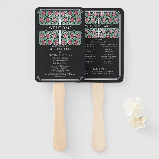 Leque Programa de Casamento Real Espada Floral Prata Pre (Frente e Verso)