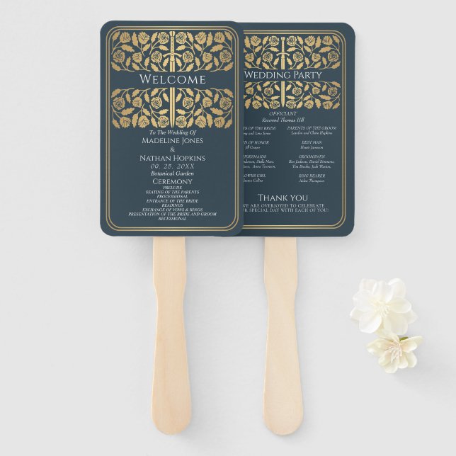 Leque Programa de Casamento Real Espada Medieval Dourada (Frente e Verso)