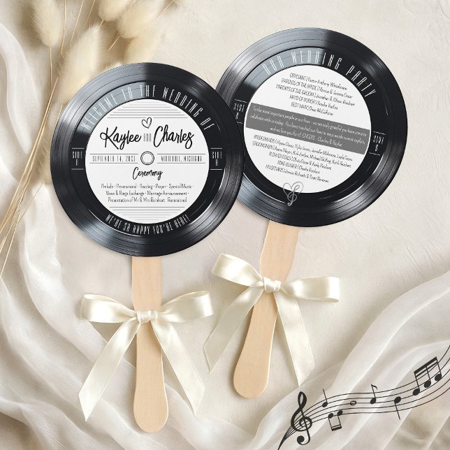 Leque Programa de Casamento Retro Preto e Branco em Vini (Unique Black & White Vinyl Record Retro Vintage Fun Wedding Ceremony Program Service Order Hand Fans)
