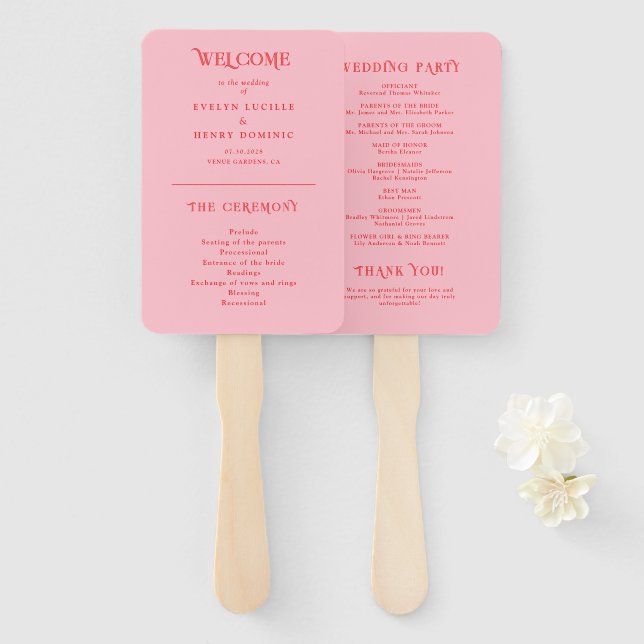 Leque Programa de Casamento Retro Vermelho e Rosa (Frente e Verso)