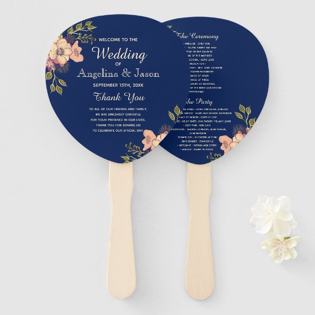Leque Programa de Casamento Rosa Floral e Azul (Frente e Verso)