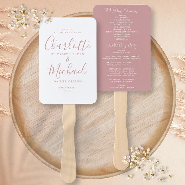 Leque Programa de Casamento Rosa Po dusty Moderno (Modern Script Dusty Rose Wedding Program Hand Fan)