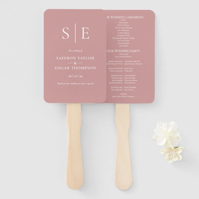 Leque Programa de Casamento Rosa Poeira Monograma (Frente e Verso)