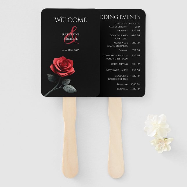 Leque Programa de Casamento - Rosa Vermelha Única (Frente e Verso)