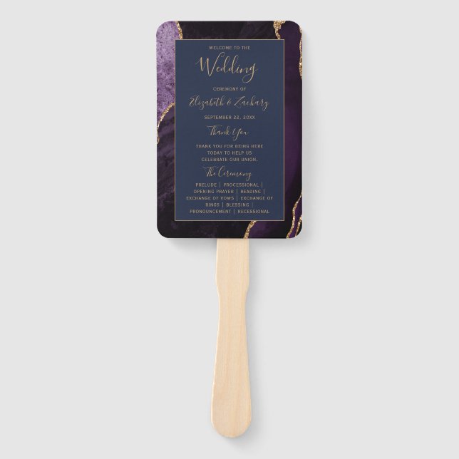 Leque Programa de Casamento Roxo Dourado Ágata Azul Mari (Frente)